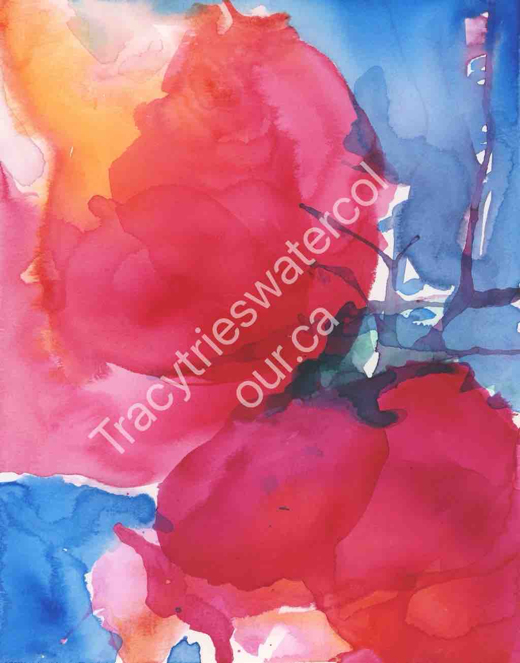 Original abstract watercolour painting by Tracy Green in flowing pink, red, and blue washes