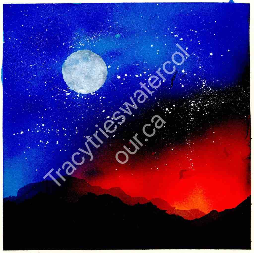 Original landscape watercolour painting by Tracy Green of a full moon and red sunset over mountain silhouettes